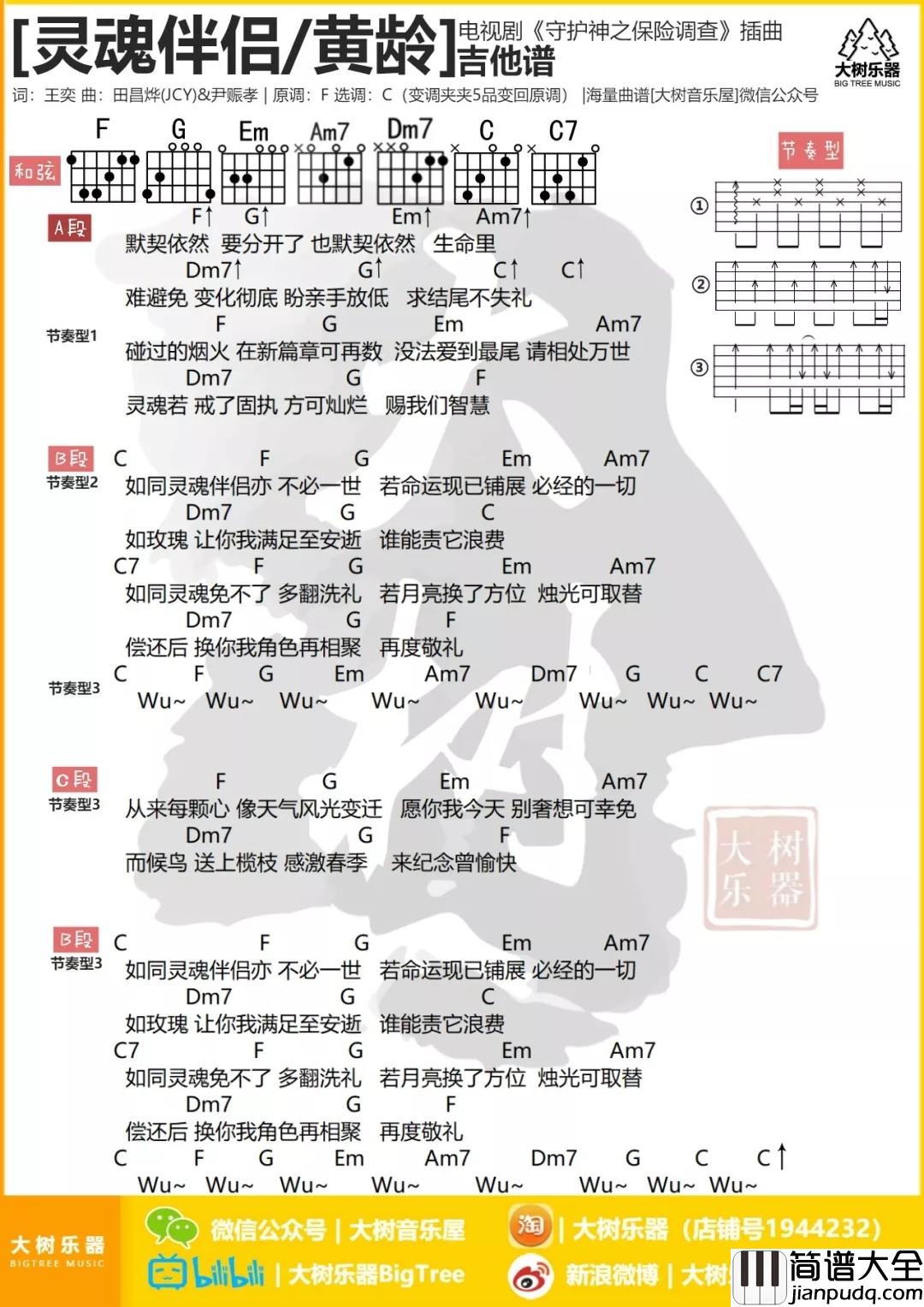 灵魂伴侣_C调和弦谱_大树音乐屋编配_黄龄