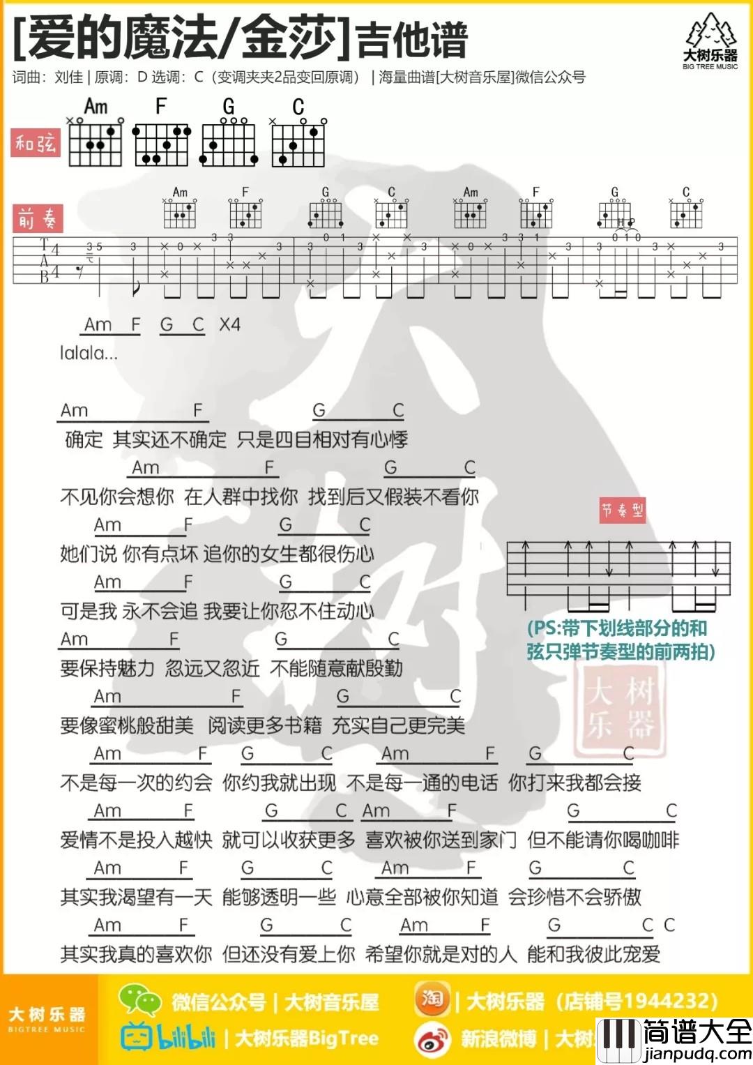 爱的魔法吉他谱_C调和弦谱_大树音乐屋编配_金莎