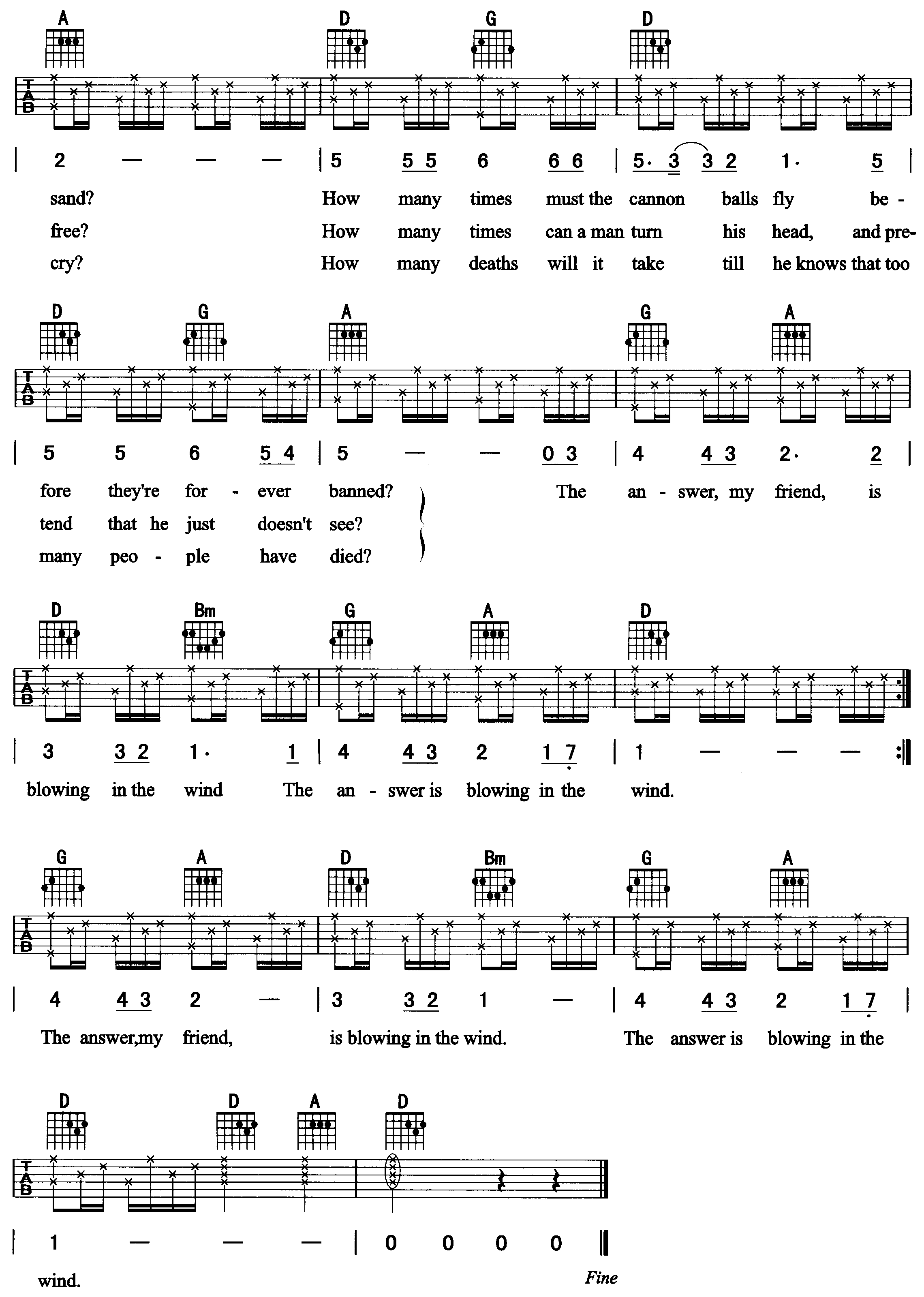 Blowing_In_The_Wind吉他谱_D调六线谱_简单版_Bob_Dylan