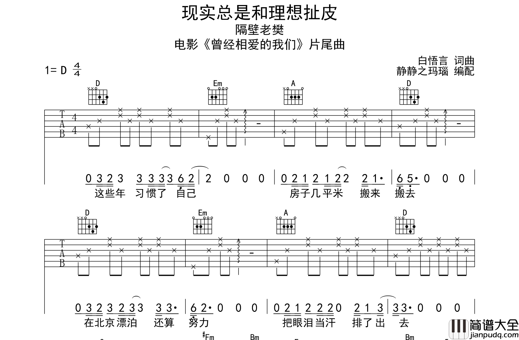 隔壁老樊_现实总是和理想扯皮_吉他谱_D调简单版吉他六线谱