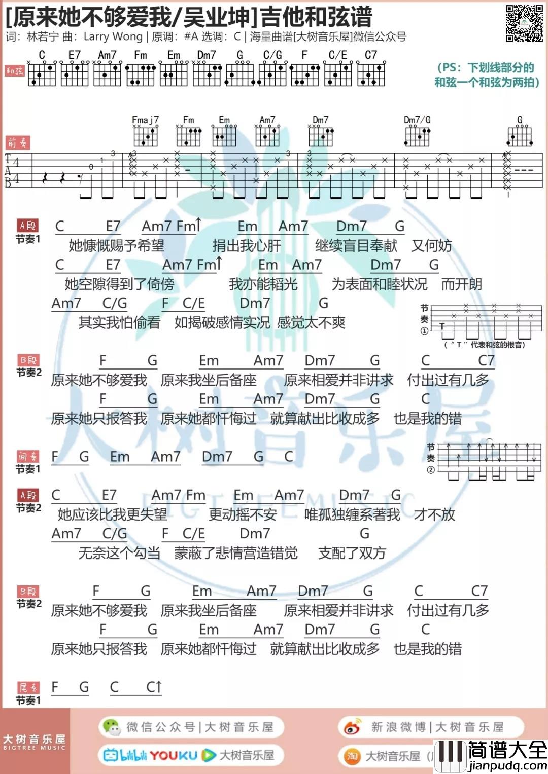 原来她不够爱我吉他谱_C调_大树音乐屋编配_吴业坤