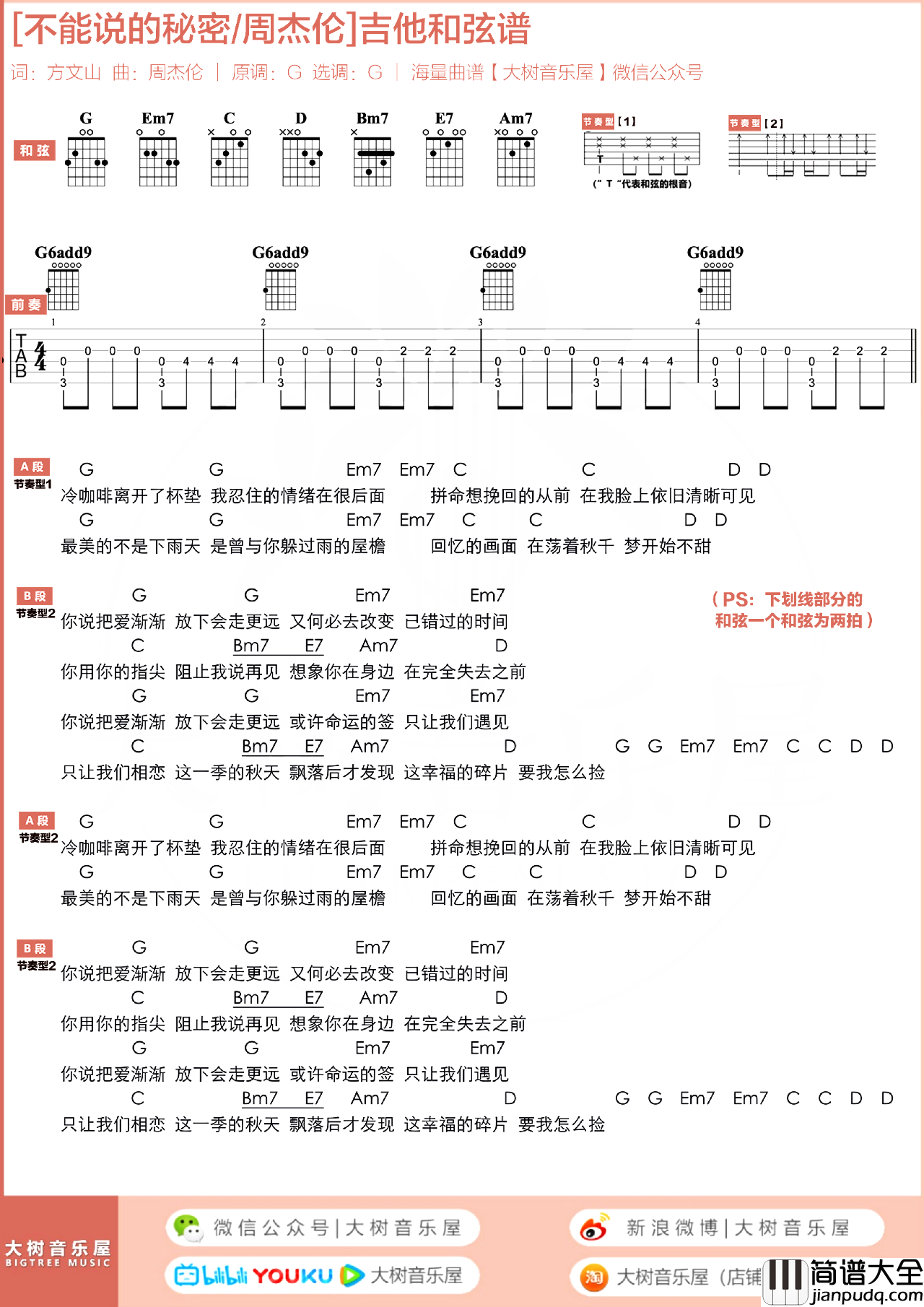 不能说的秘密_吉他谱_G调超原版_周杰伦_吉他演示/教学