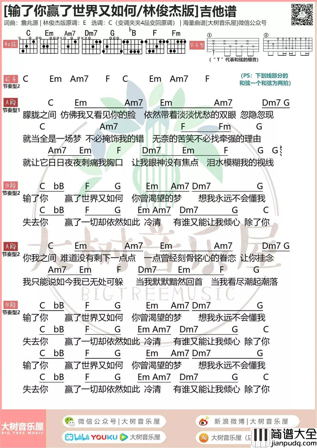 输了你赢了世界又如何吉他谱_C调_大树音乐屋编配_林俊杰