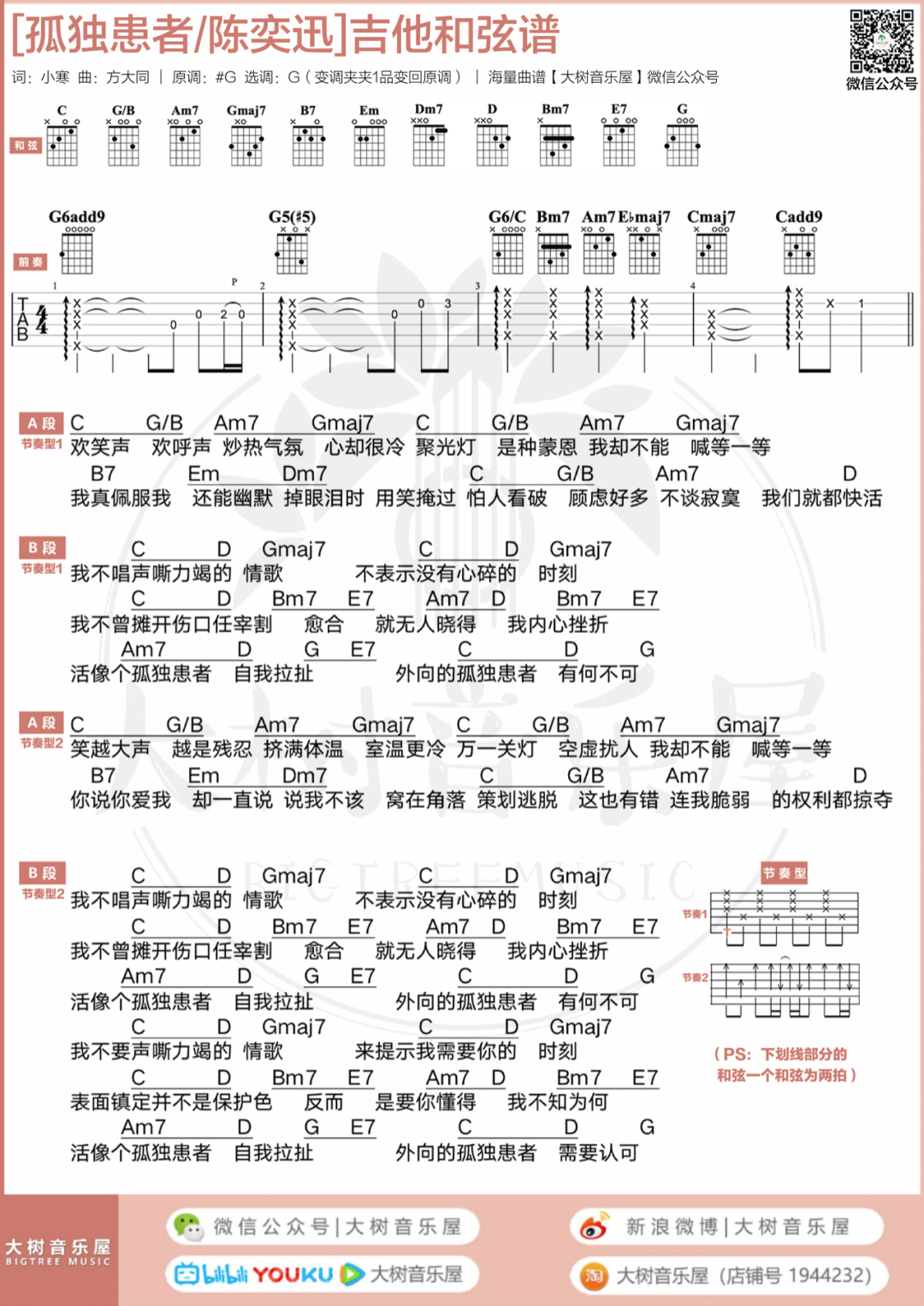 孤独患者吉他谱_陈奕迅_G调六线谱/和弦谱_吉他弹唱教学