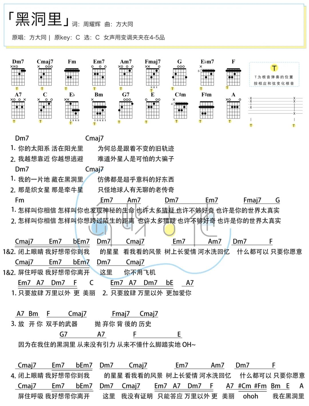 黑洞里吉他谱_方大同_C调吉他弹唱谱_图片谱