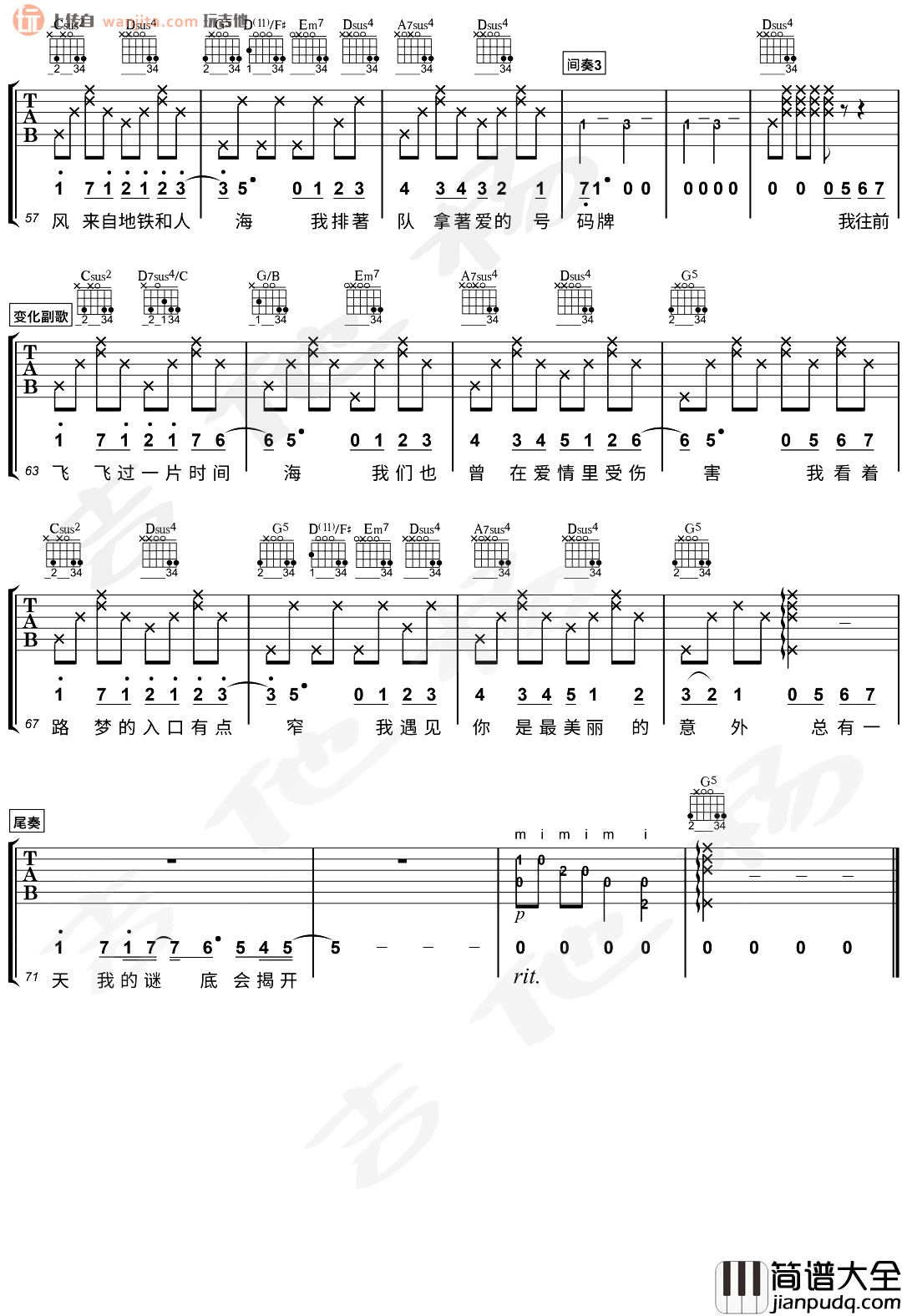 遇见吉他谱_孙燕姿_G调六线谱_《遇见》吉他弹唱演示 遇见吉他谱_孙燕姿_G调六线谱__遇见_吉他弹唱演示