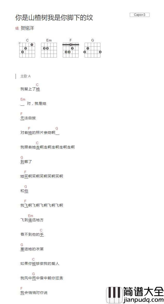 你是山楂树我是你脚下的坟吉他谱_C调和弦谱_简单版_贺铭洋