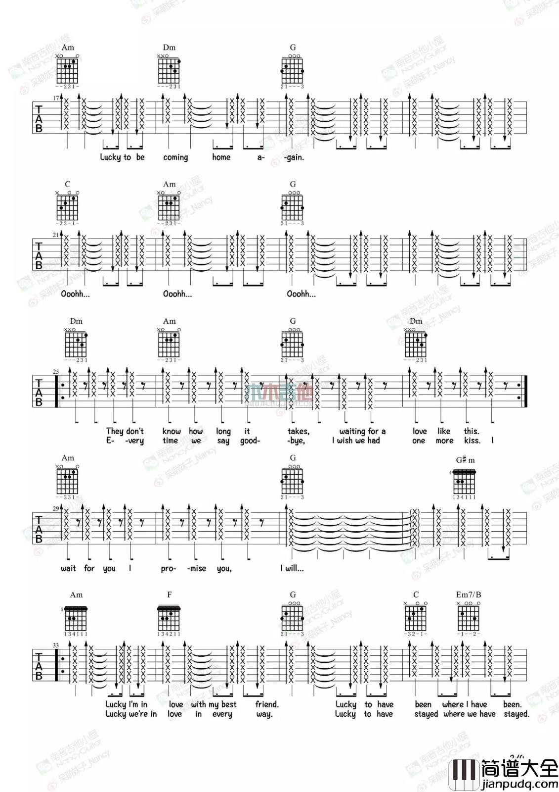 lucky吉他谱_C调六线谱_木木吉他编配_Jason_Mraz