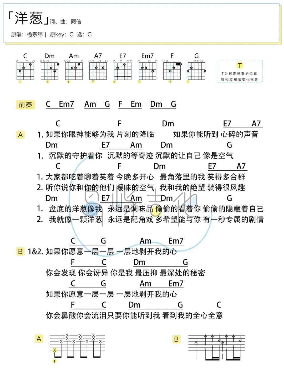洋葱吉他谱_杨宗纬_C调指法弹唱谱_附和弦谱