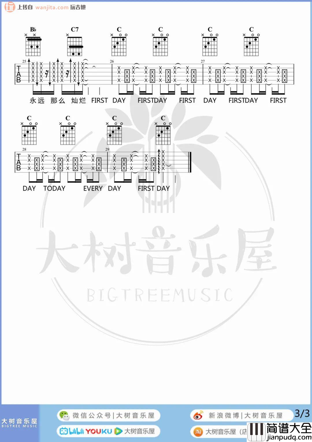 第一天吉他谱_孙燕姿_A调六线谱_《第一天》吉他弹唱教学/示范 第一天吉他谱_孙燕姿_A调六线谱__第一天_吉他弹唱教学/示范