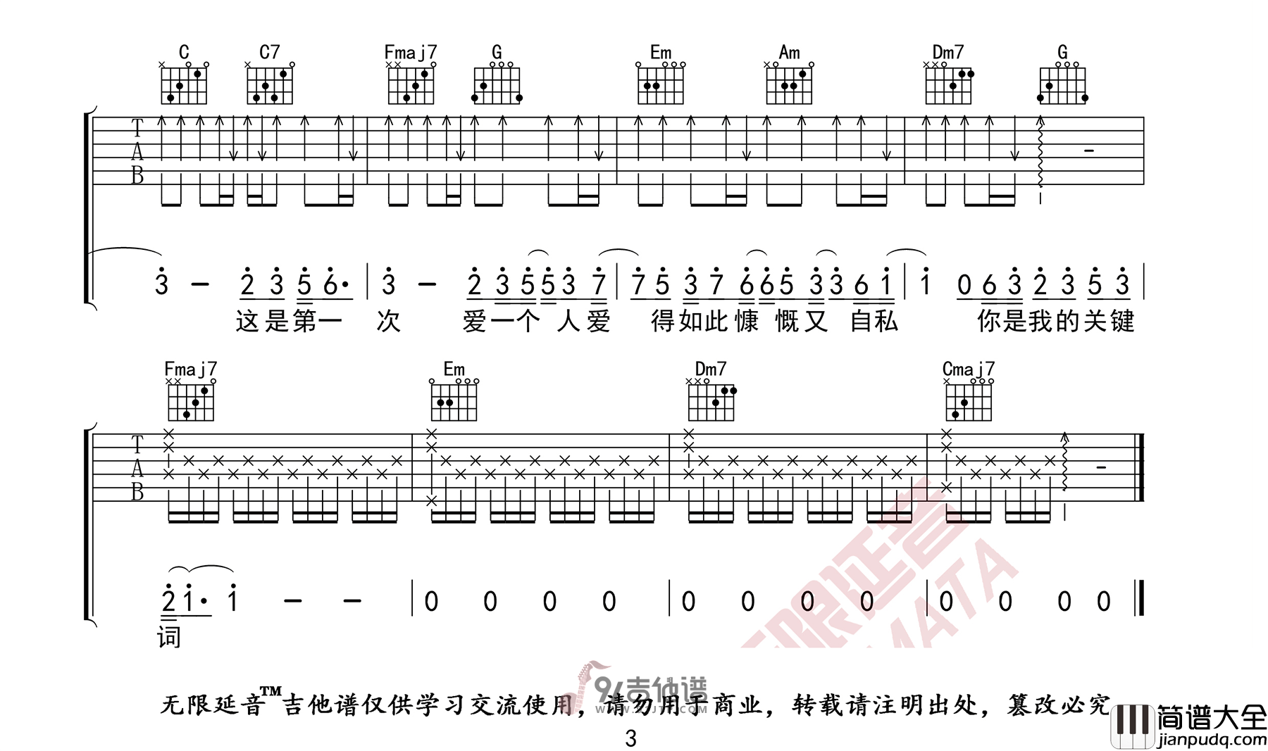 林俊杰_关键词_吉他谱_C调指法原版编配_民谣吉他弹唱六线谱
