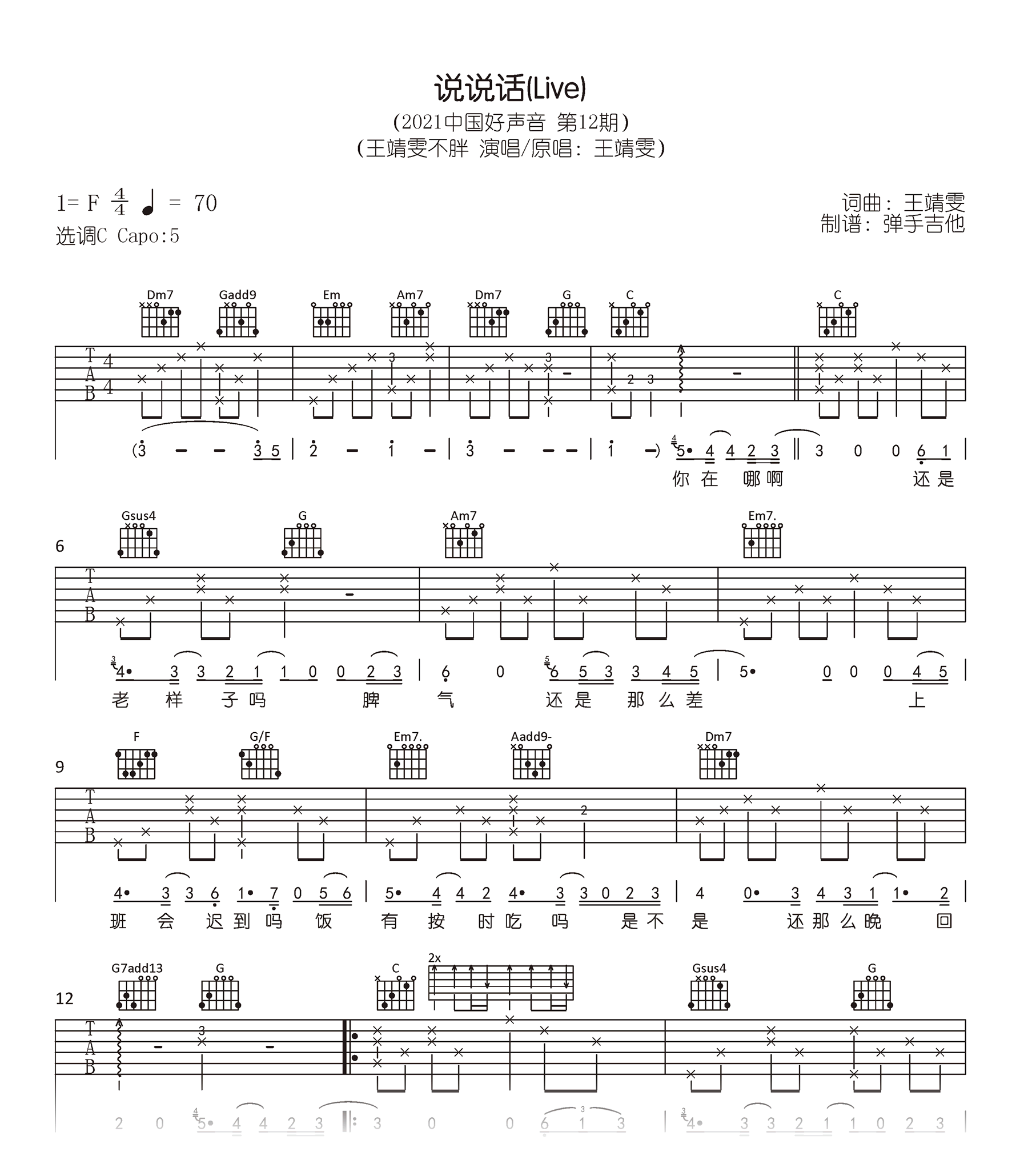 说说话吉他谱_王靖雯不胖_C调弹唱谱_现场版编配