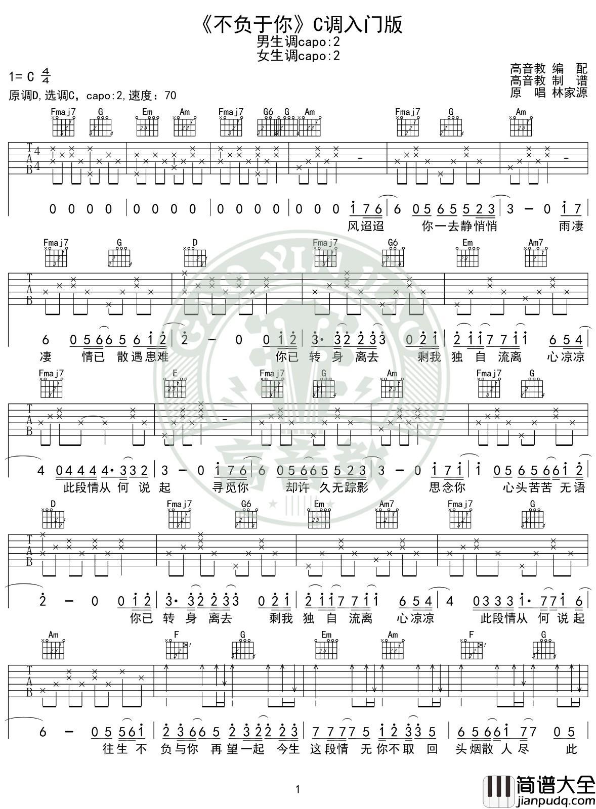 不负于你吉他谱_C调入门版_高音教编配_林家源