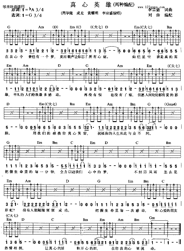 真心英雄吉他谱 (合唱)_周华健,李宗盛 真心英雄吉他谱_(合唱)_周华健,李宗盛