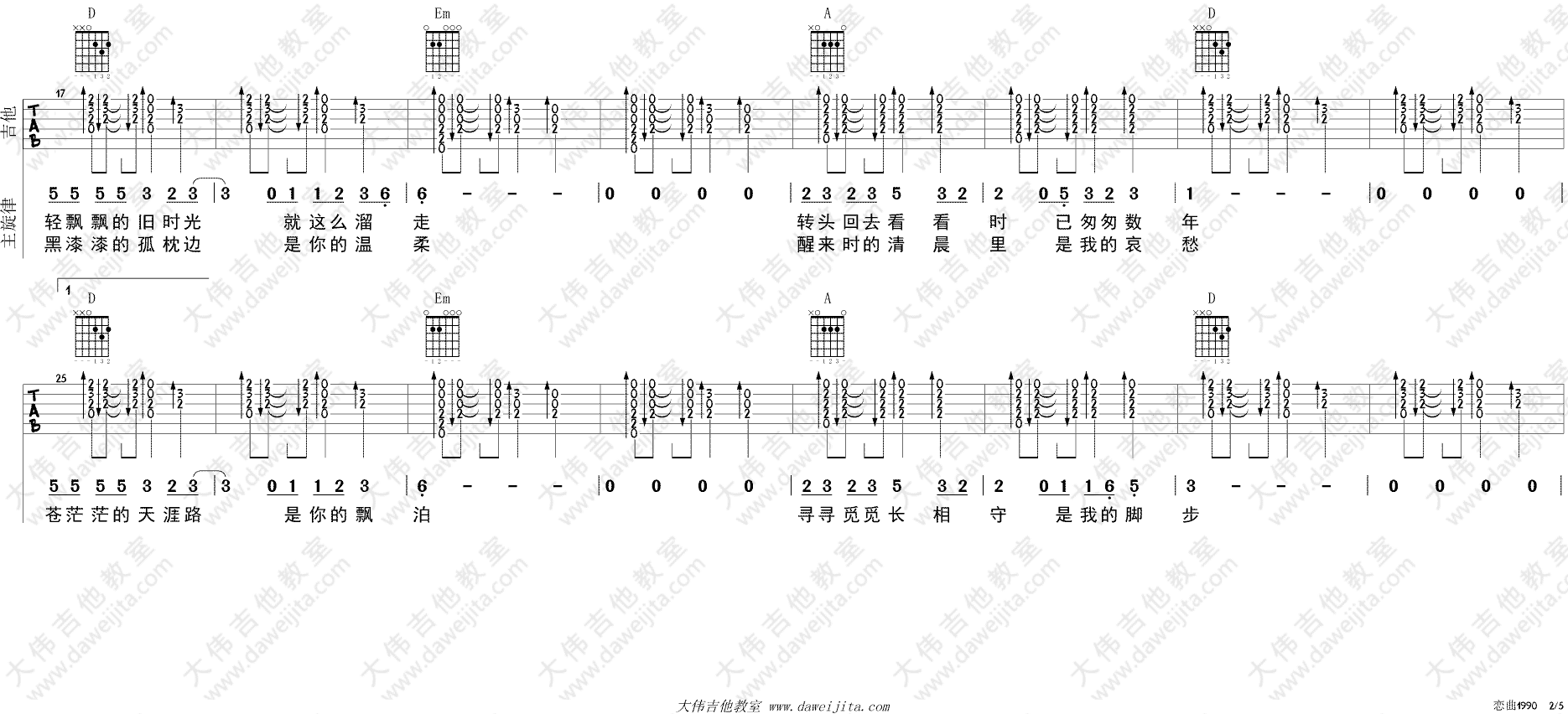 罗大佑_恋曲1990_吉他谱_D调指法吉他弹唱谱