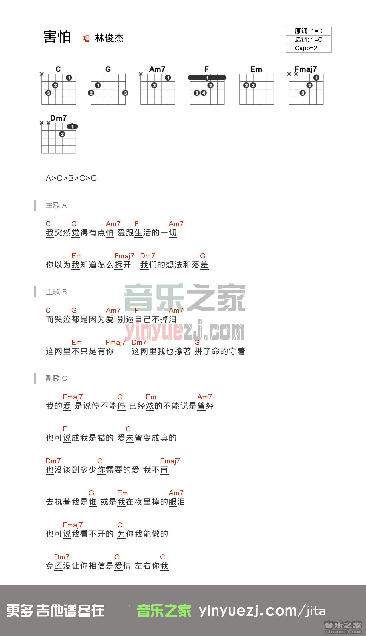 害怕吉他谱_C调和弦谱_音乐之家编配_林俊杰