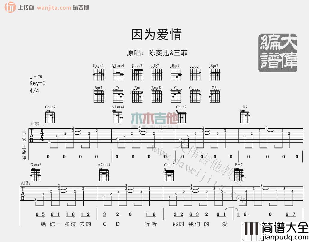 因为爱情(吉他谱)_G调原版六线谱_大伟吉他_陈奕迅,王菲 因为爱情(吉他谱)_G调原版六线谱_大伟吉他_陈奕迅,王菲