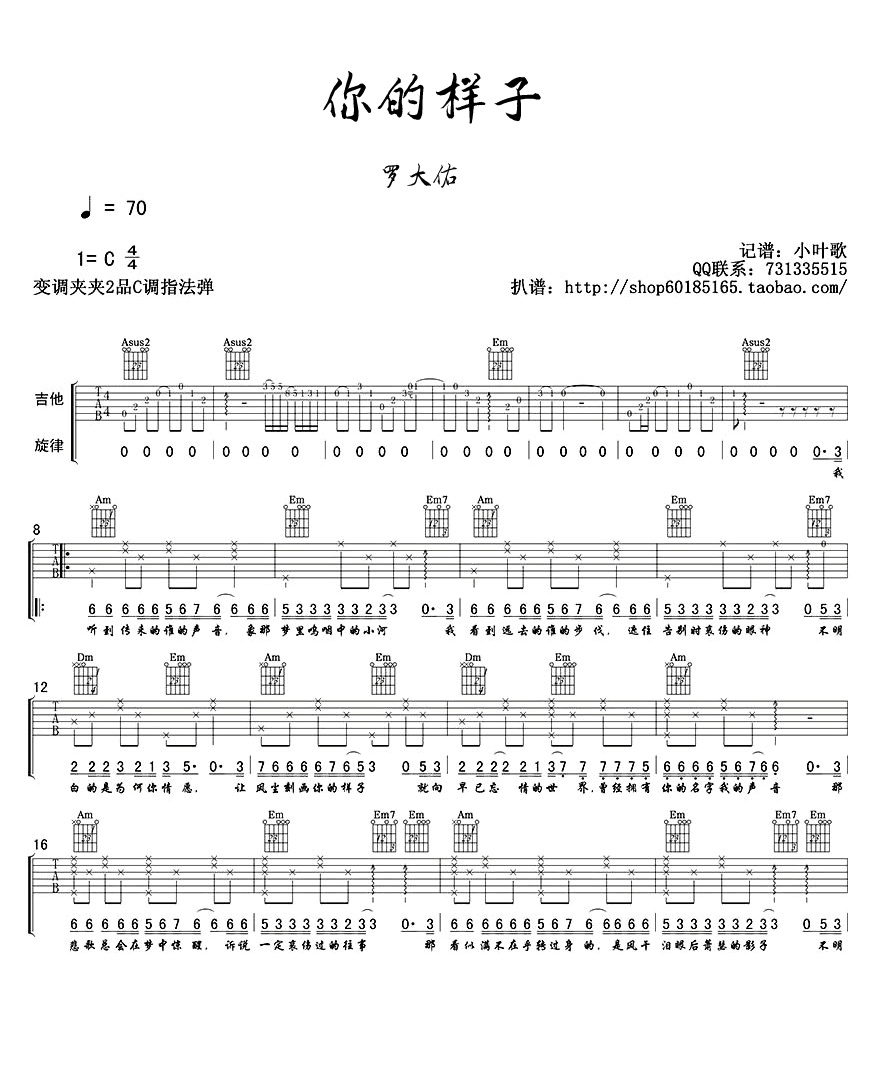 你的样子吉他谱_罗大佑/林志炫_C调原版