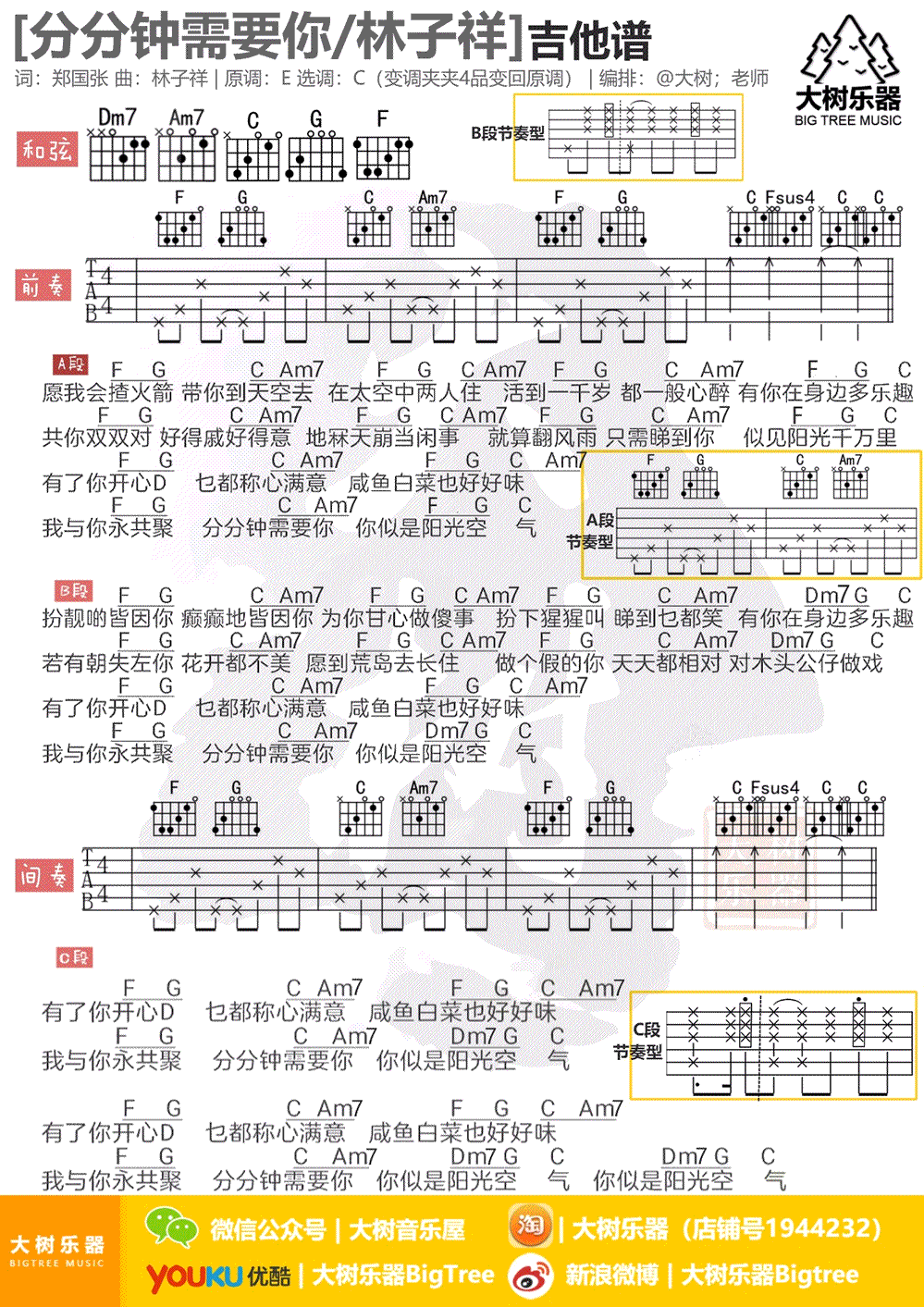分分钟需要你吉他谱_C调_大树乐器编配_林子祥