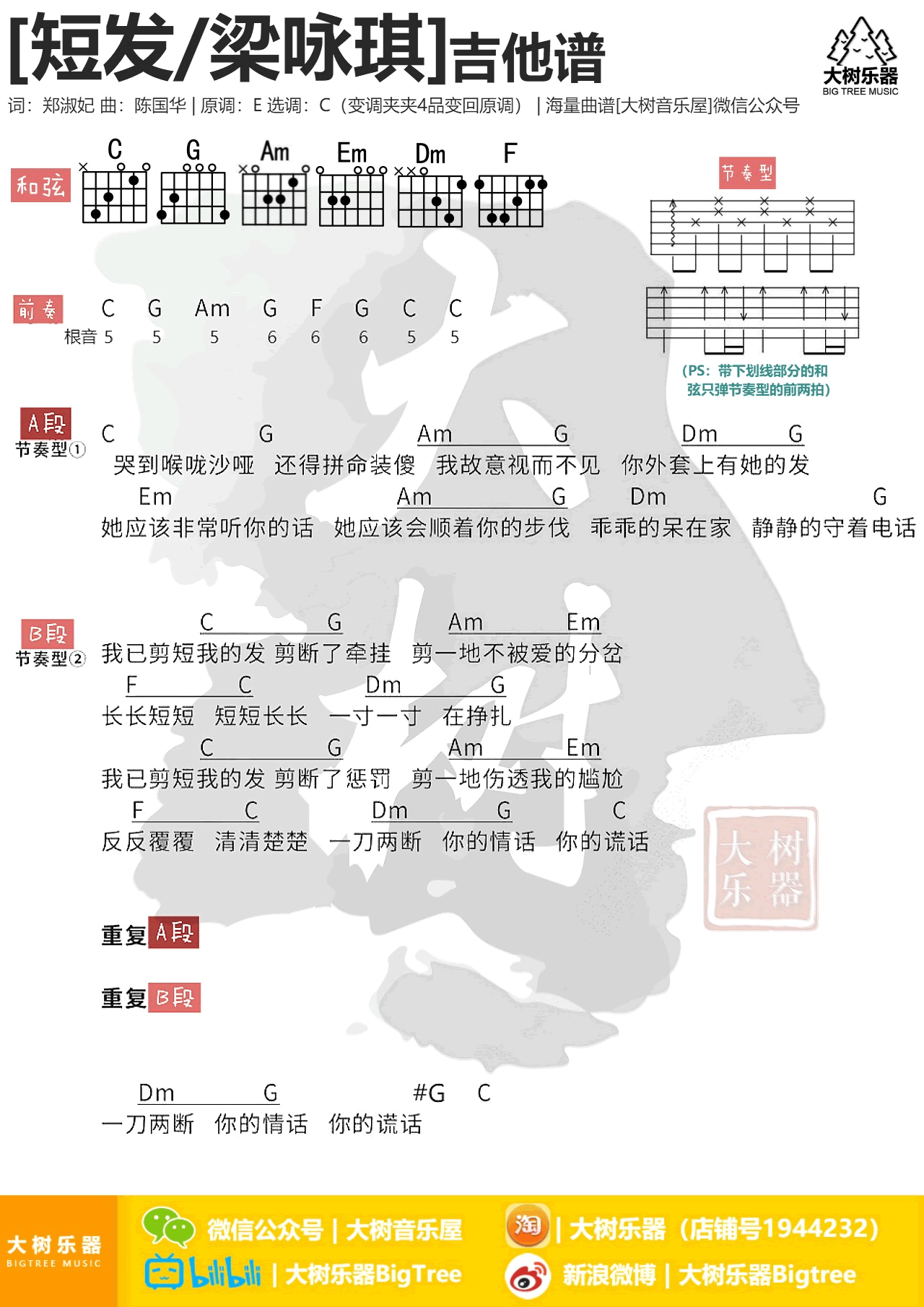 短发吉他谱_C调和弦谱_大树音乐屋编配_张靓颖