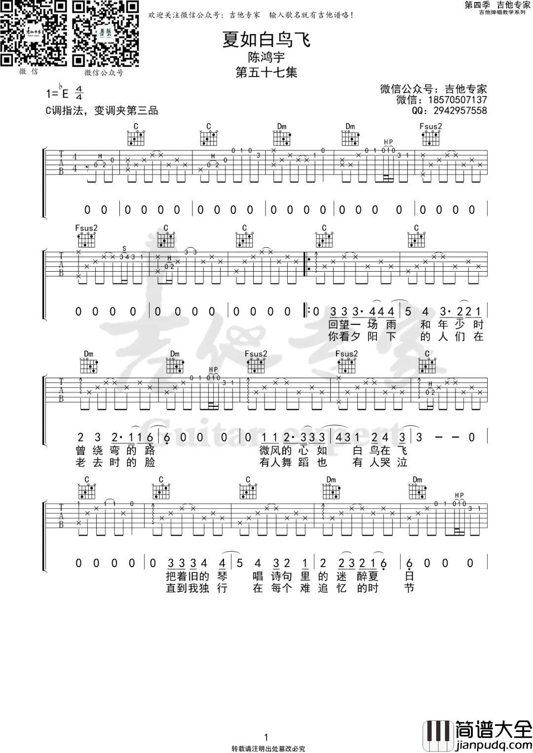 夏如白鸟飞吉他谱_陈鸿宇_C调原版编配