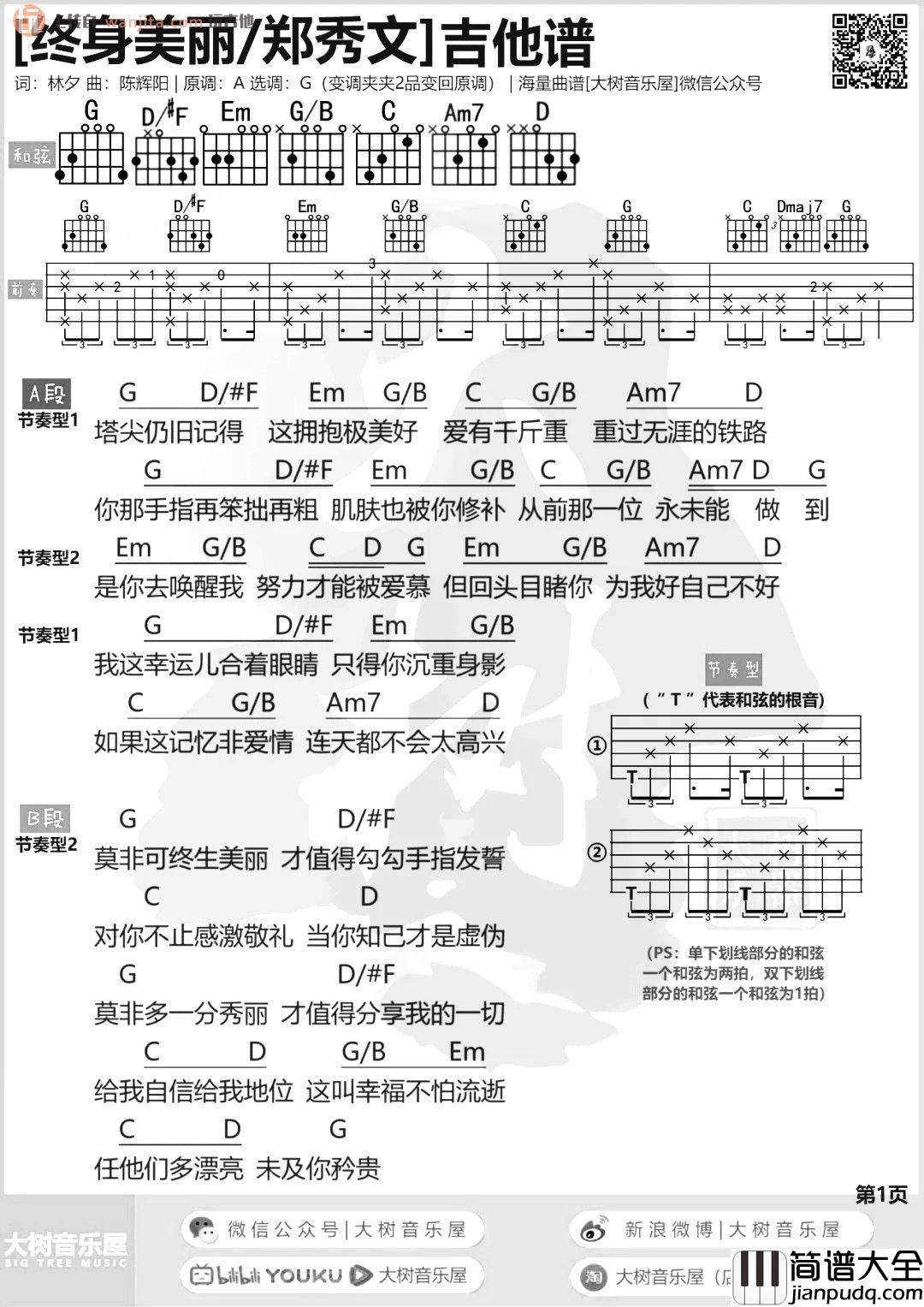 终身美丽吉他谱_郑秀文_G调简单原版和弦谱 终身美丽吉他谱_郑秀文_G调简单原版和弦谱