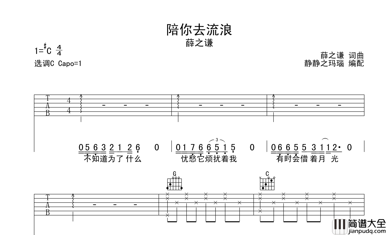 陪你去流浪吉他谱_薛之谦_C调六线谱_吉他弹唱谱