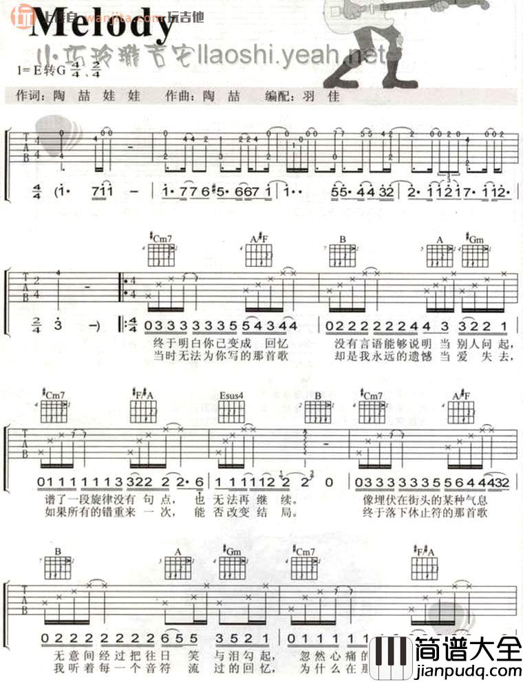 melody吉他谱_E调弹唱六线谱_原版图片谱_陶喆 melody吉他谱_E调弹唱六线谱_原版图片谱_陶喆