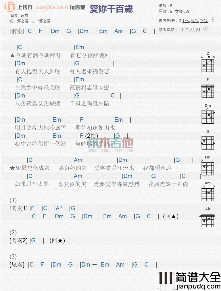爱你千百岁吉他谱_陈雷_E调和弦谱_吉他弹唱谱