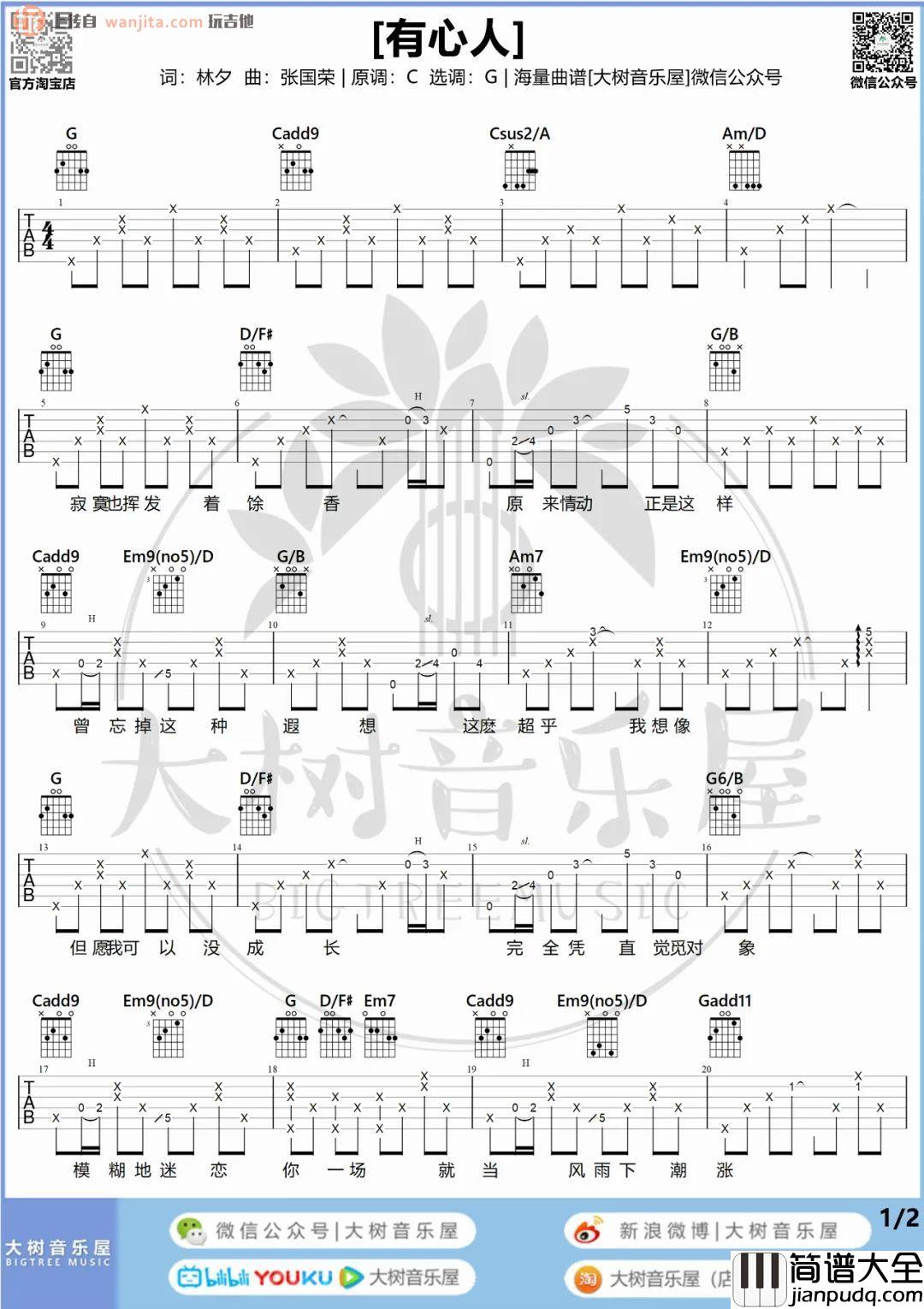 《有心人》吉他谱_张国荣_G调女生版六线谱_吉他弹唱教学 _有心人_吉他谱_张国荣_G调女生版六线谱_吉他弹唱教学