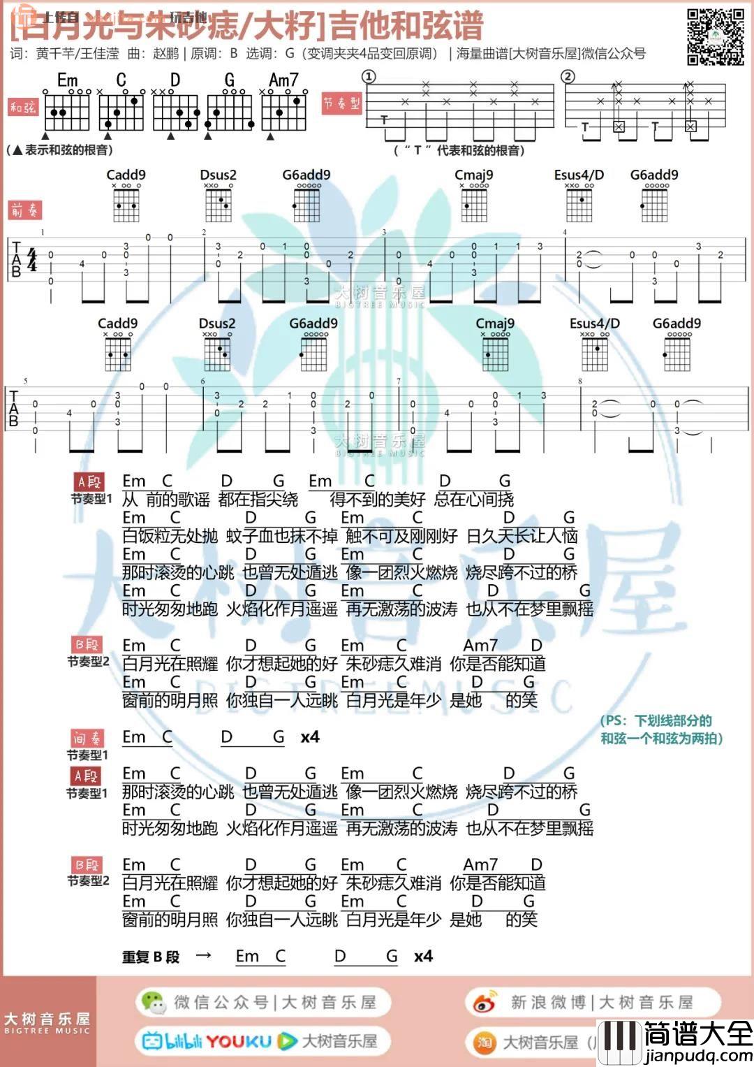 《白月光与朱砂痣》吉他谱_G调超原版六线谱_吉他弹唱教学_大籽 _白月光与朱砂痣_吉他谱_G调超原版六线谱_吉他弹唱教学_大籽