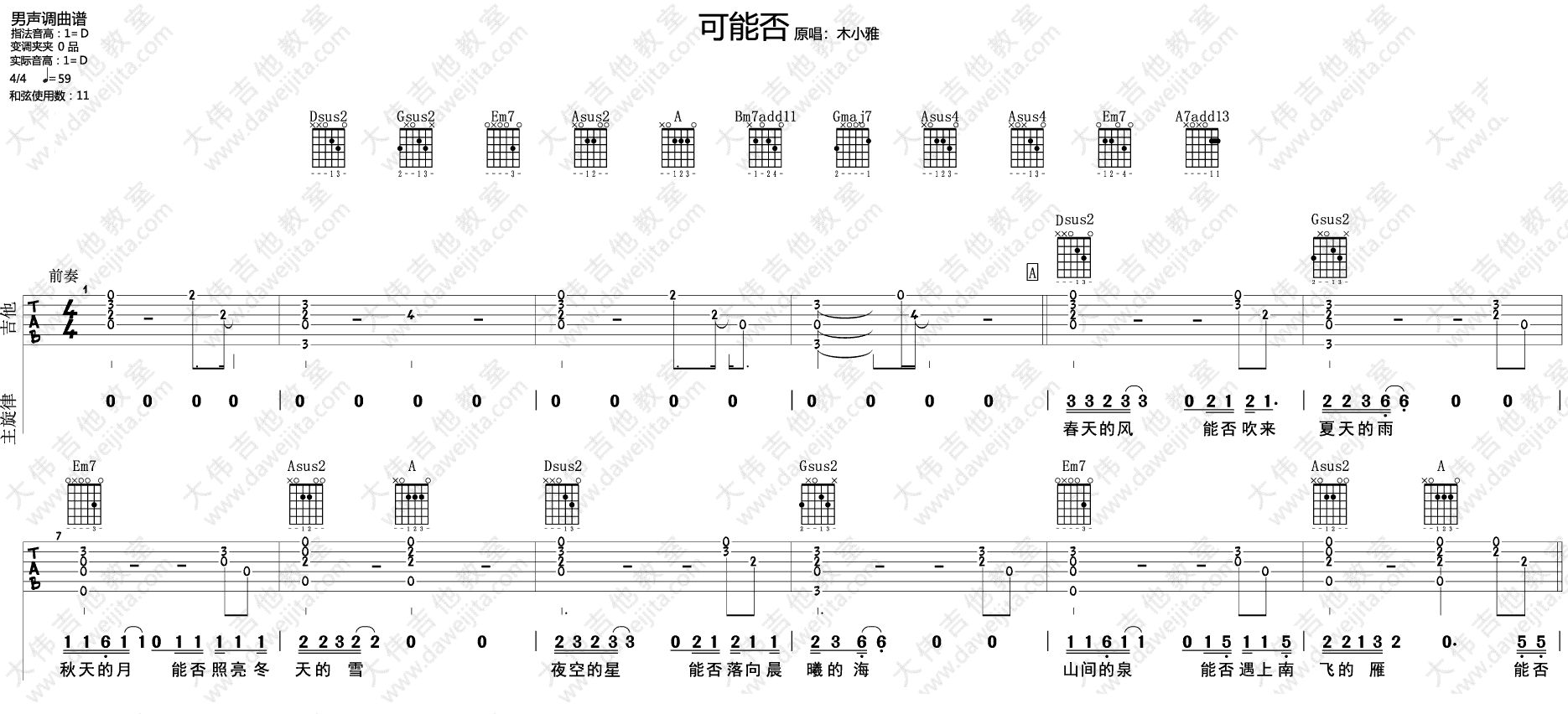 可能否吉他谱_D调指弹版附视频_大伟吉他编配_木小雅
