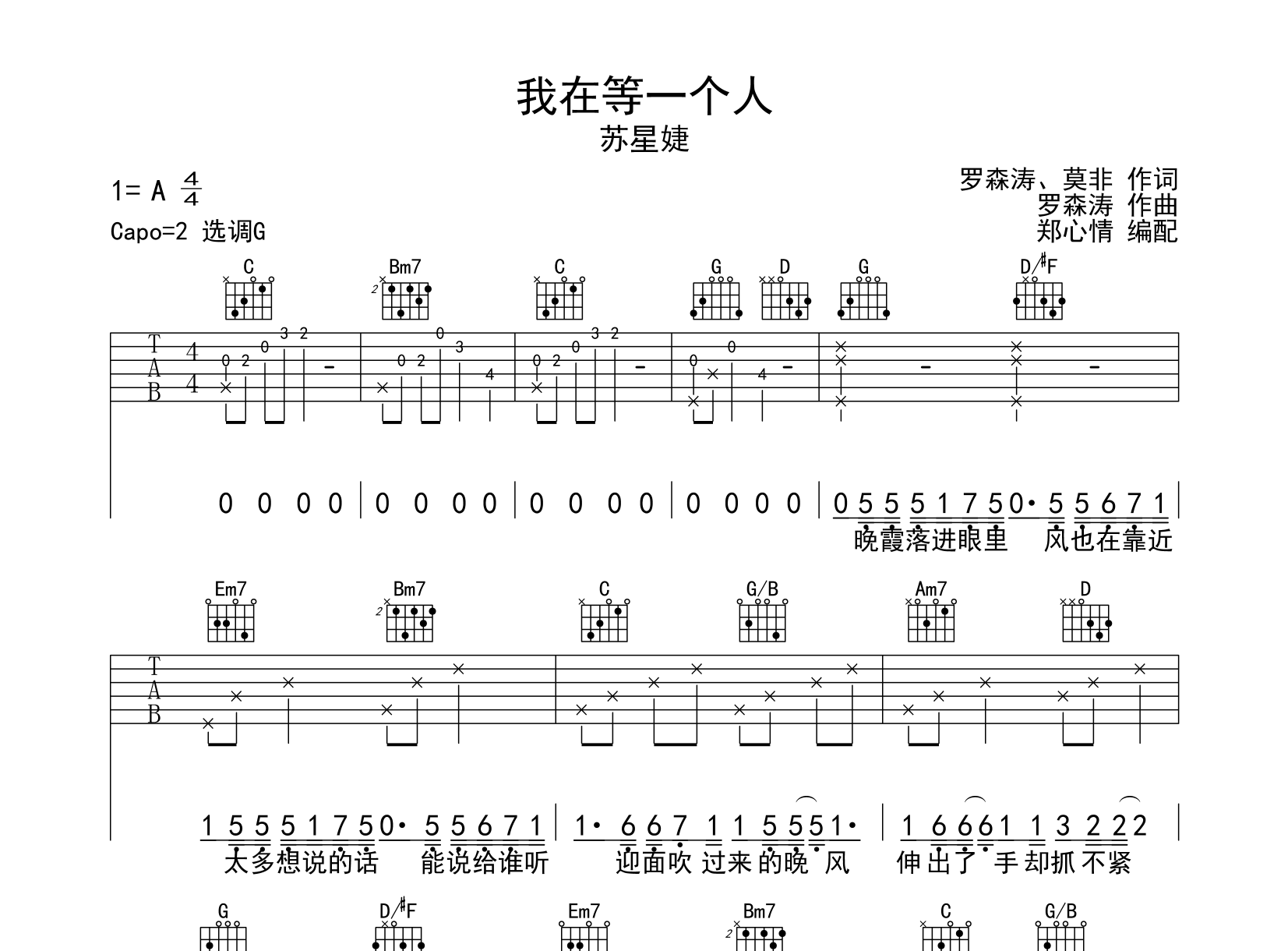 我在等一个人吉他谱_苏星捷_G调原版弹唱吉他谱