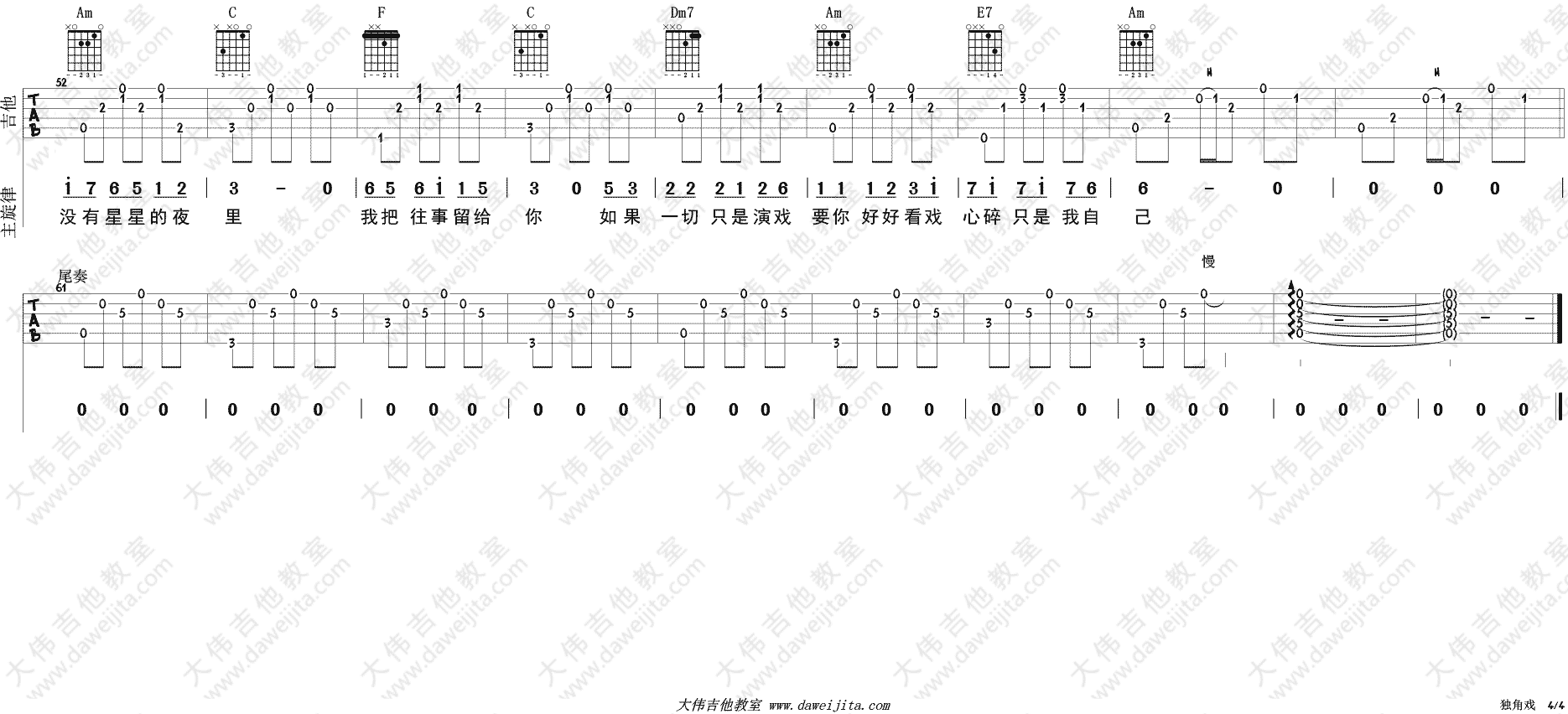 许茹芸《独角戏》吉他谱_C调原版_《独角戏》吉他弹唱演示 许茹芸_独角戏_吉他谱_C调原版__独角戏_吉他弹唱演示