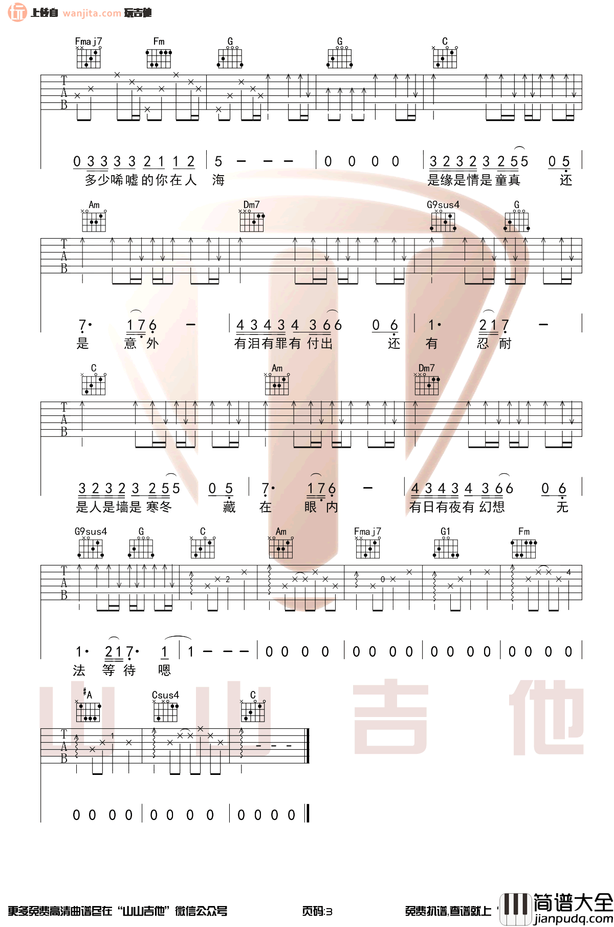 《情人》吉他谱_C调原版六线谱_Beyond _情人_吉他谱_C调原版六线谱_Beyond
