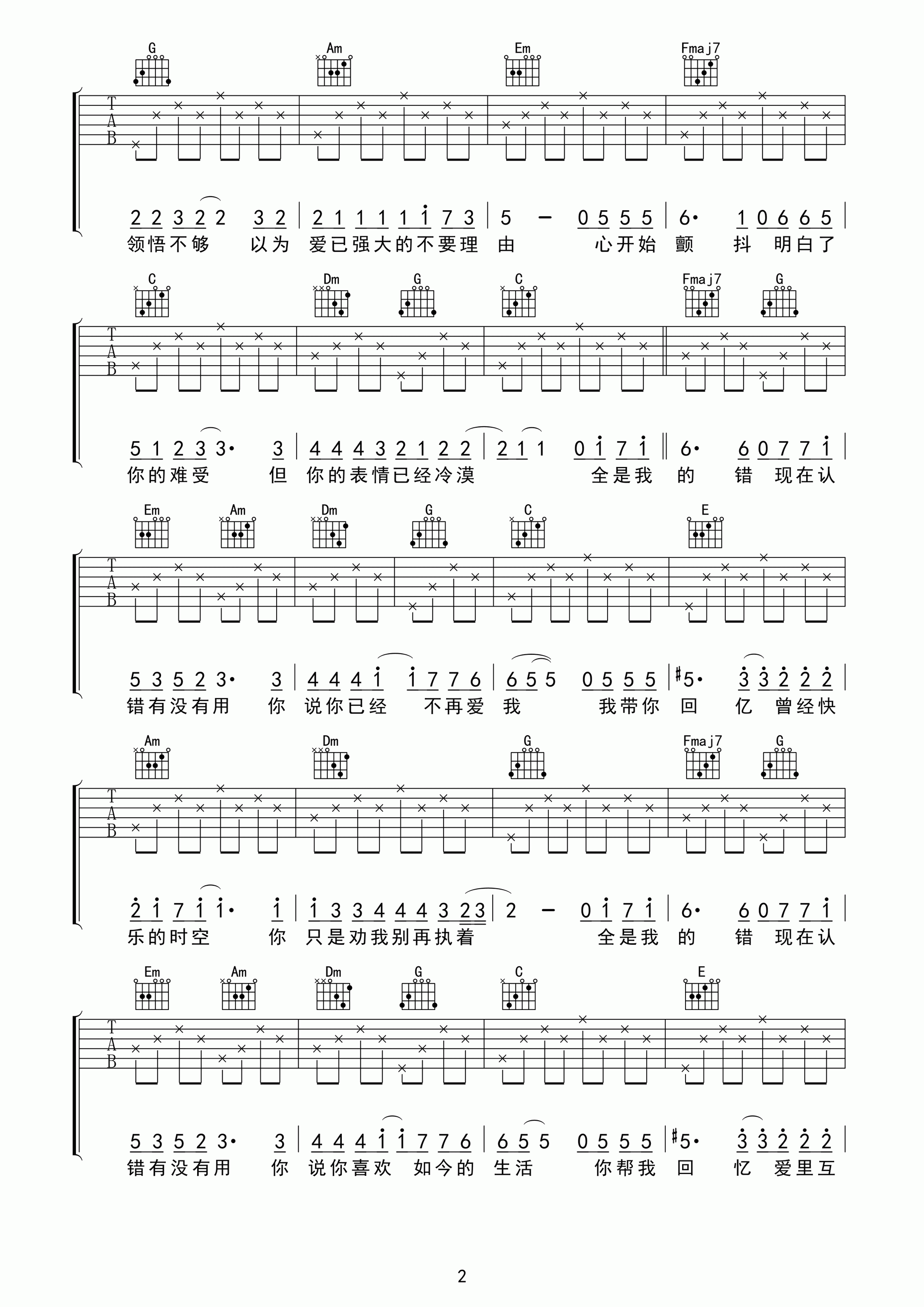 认错吉他谱_C调简单版_原曲D调夹二品_许嵩