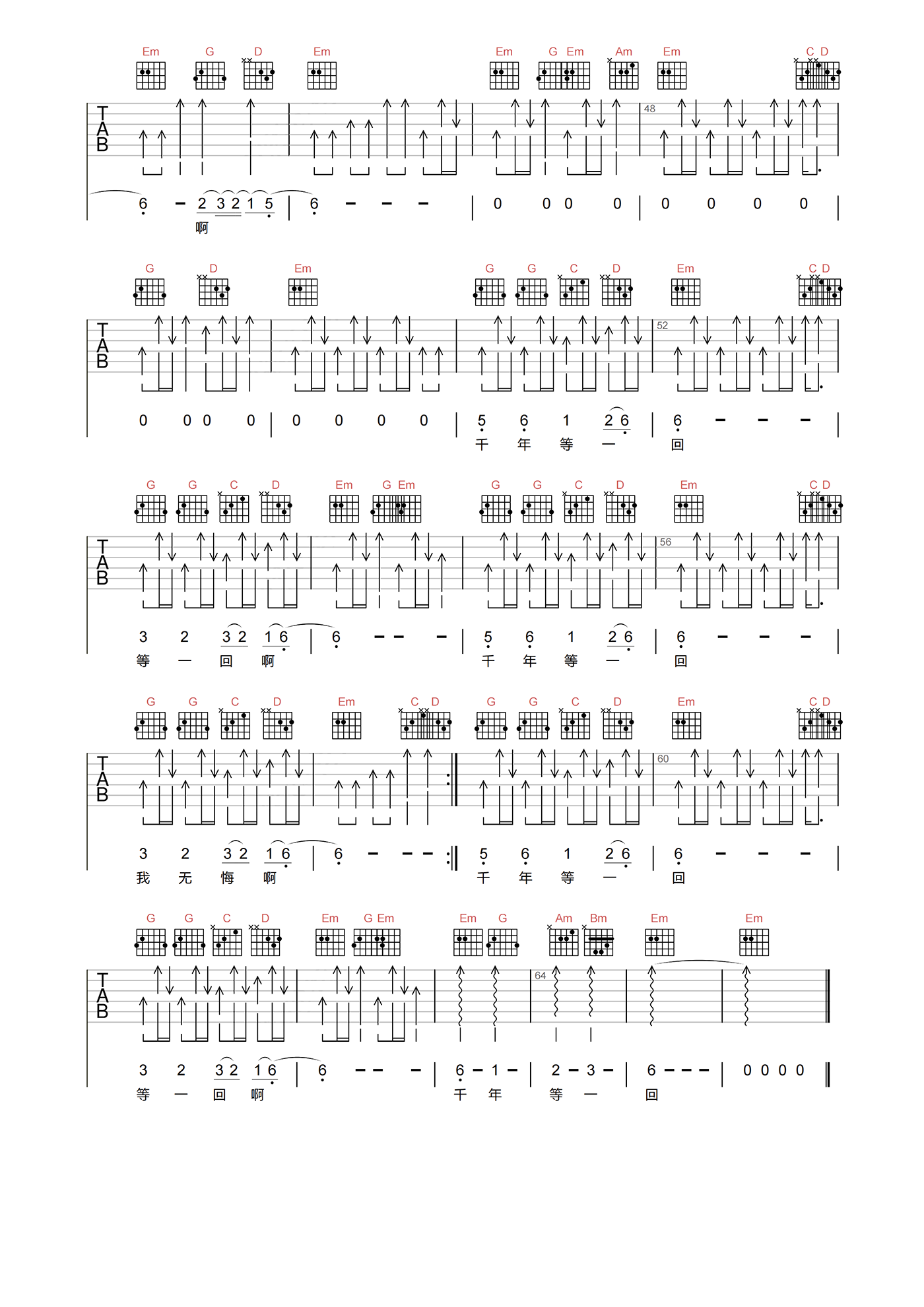 高胜美_千年等一回_吉他谱_G调高清原版_附PDF下载