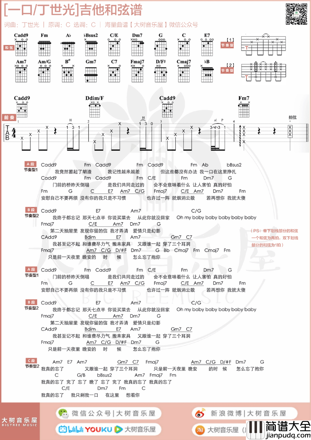 一口吉他谱_丁世光_C调原版六线谱/和弦谱_吉他弹唱教学