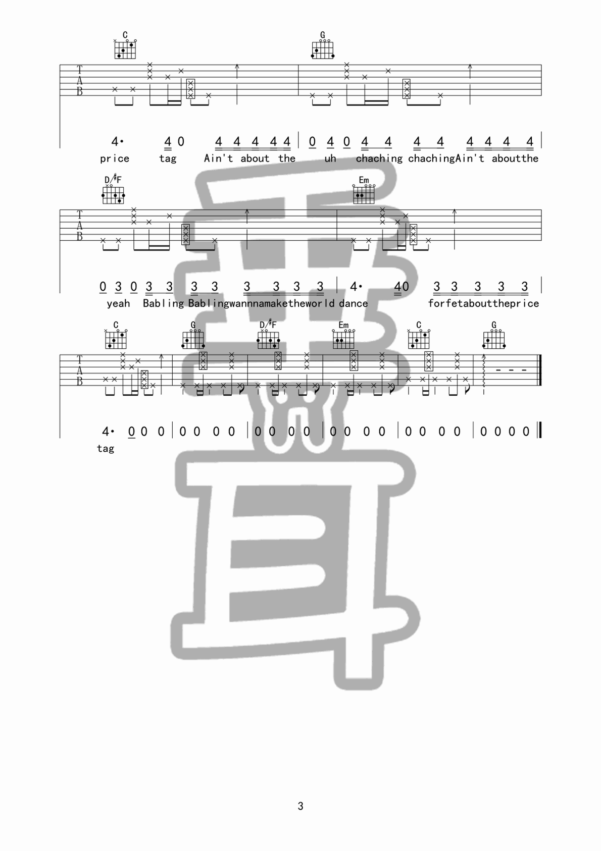 price_tag吉他谱_A调女生版_垂耳吉他编配_Jessie_J_G