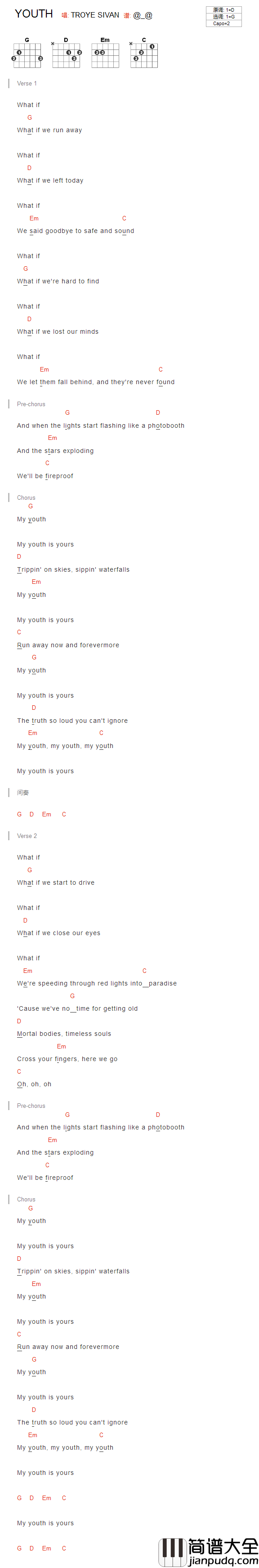 youth吉他谱_G调和弦谱_音乐之家编配_Troye_Sivan