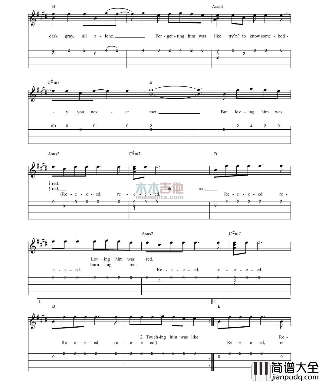 red吉他谱_G调_木木吉他编配_Taylor_Swift