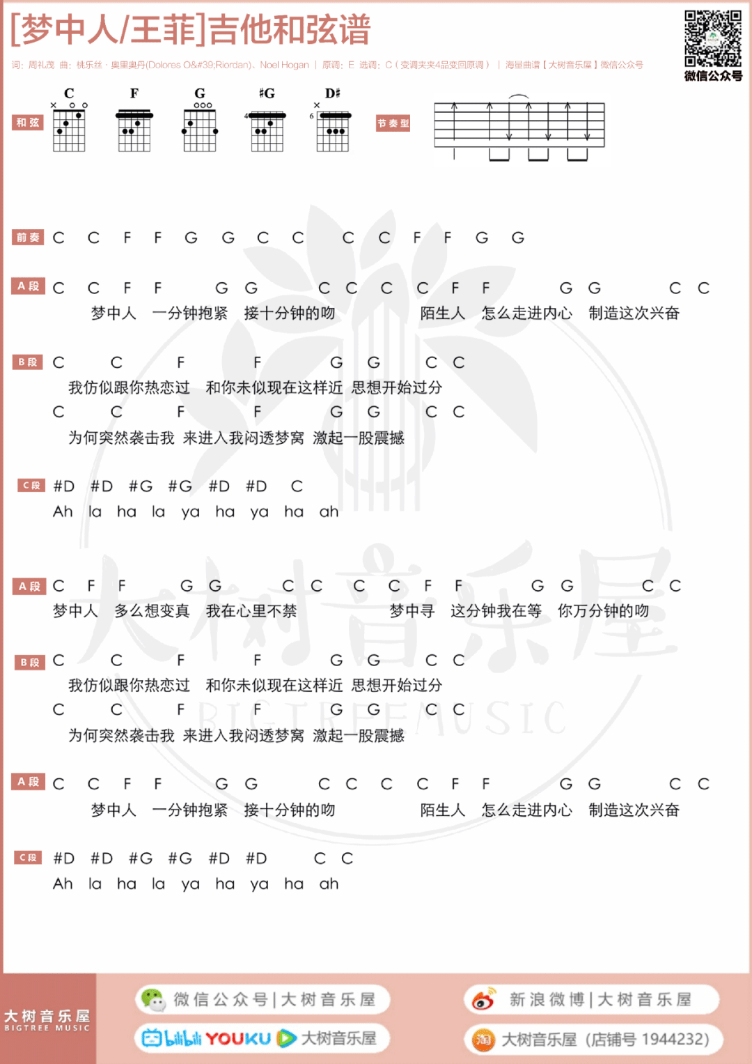 梦中人吉他谱_王菲_C调超嗨版六线谱/和弦谱_吉他弹唱教学