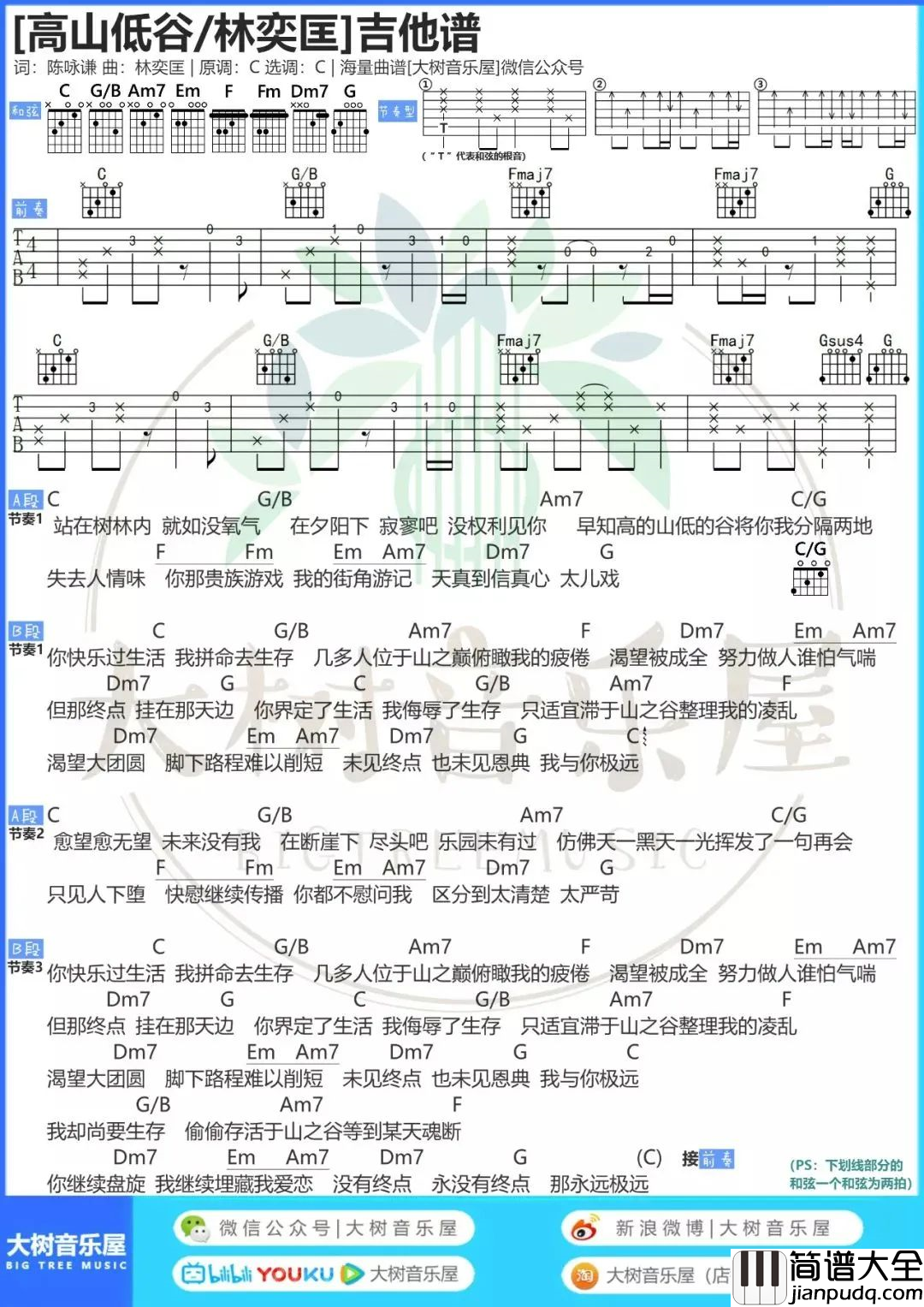 林奕匡__高山低谷_吉他谱_C调超原版编配_弹唱示范