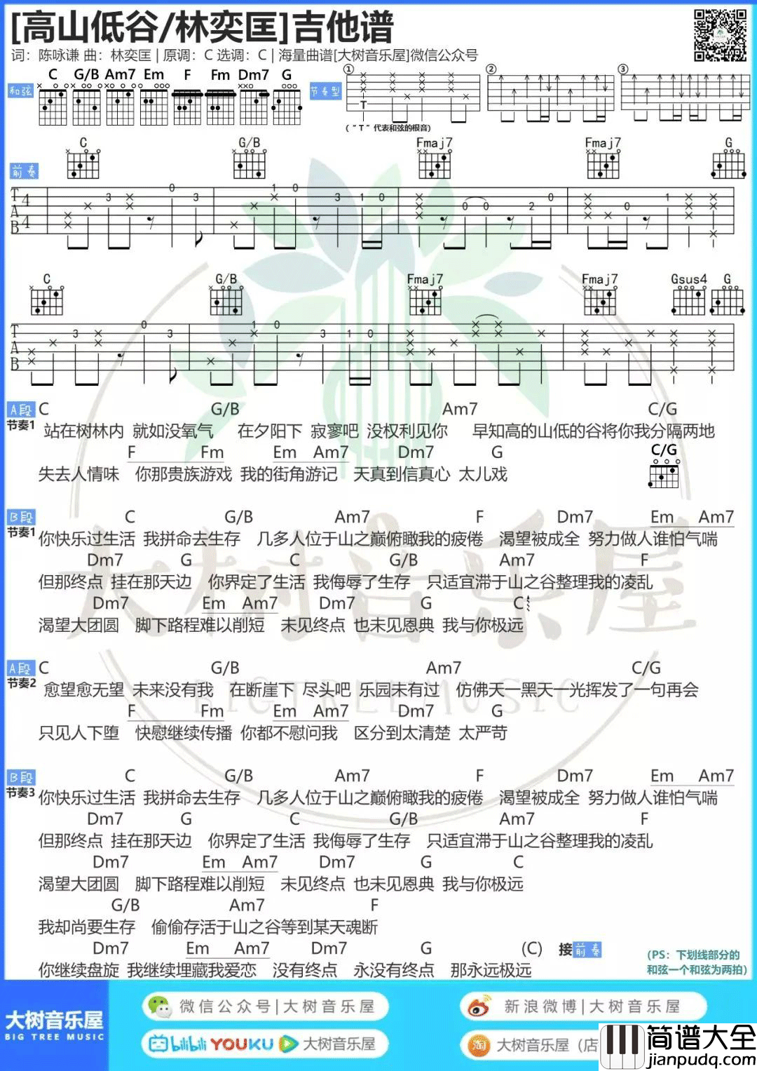 高山低谷吉他谱_林奕匡_C调原版六线谱/和弦谱_吉他弹唱教学