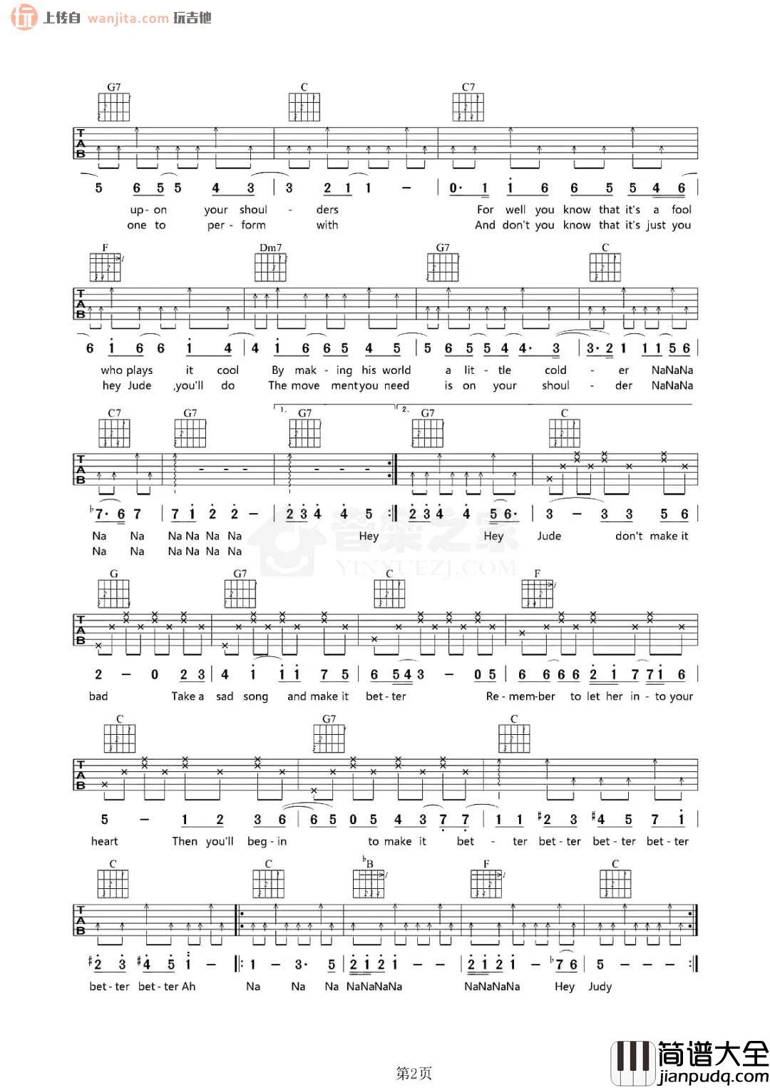 《hey jude》吉他谱_C调原版六线谱_经典英文歌曲_孙燕姿 _hey_jude_吉他谱_C调原版六线谱_经典英文歌曲_孙燕姿