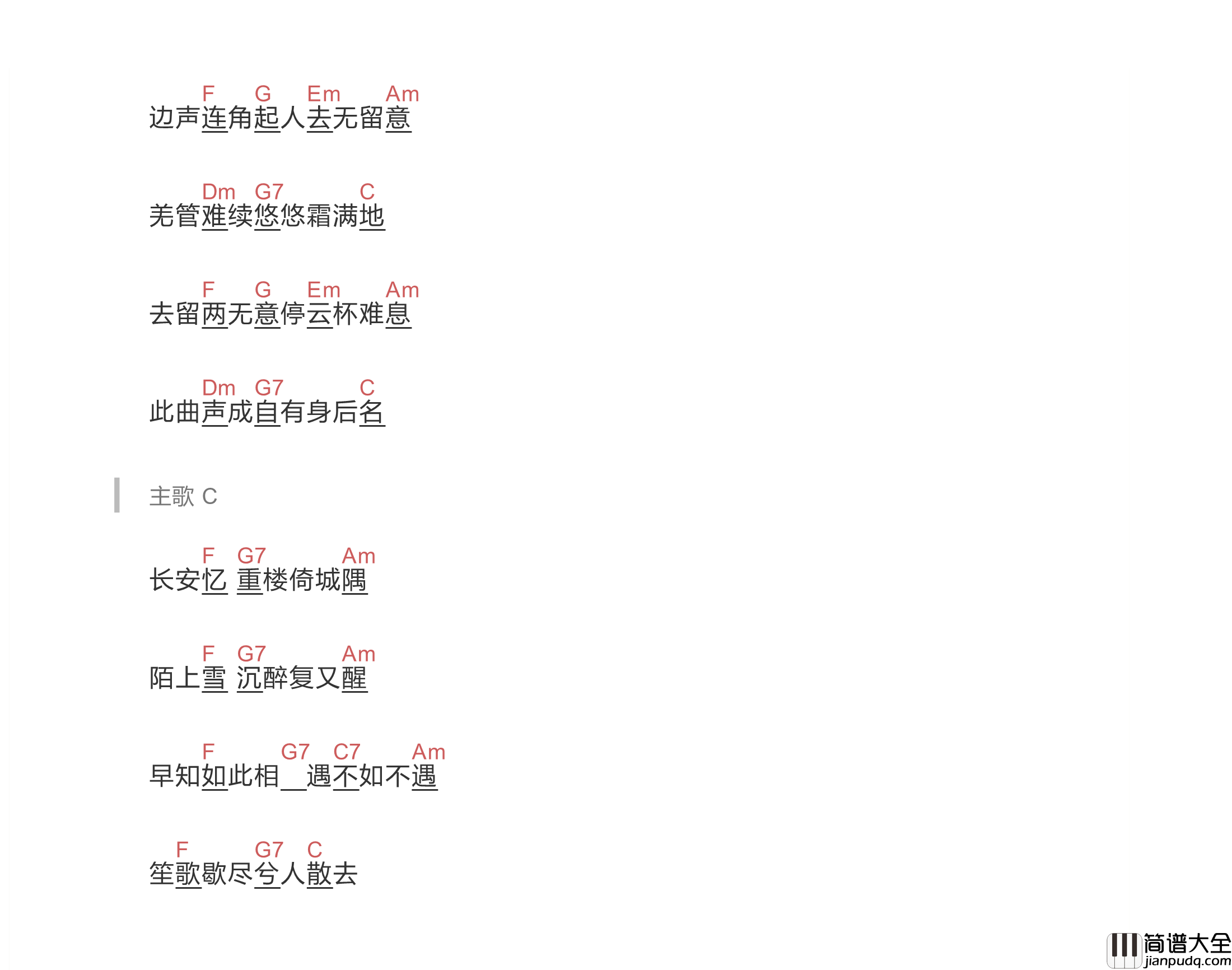 长安忆吉他谱_C调和弦谱_音乐之家编配_双笙