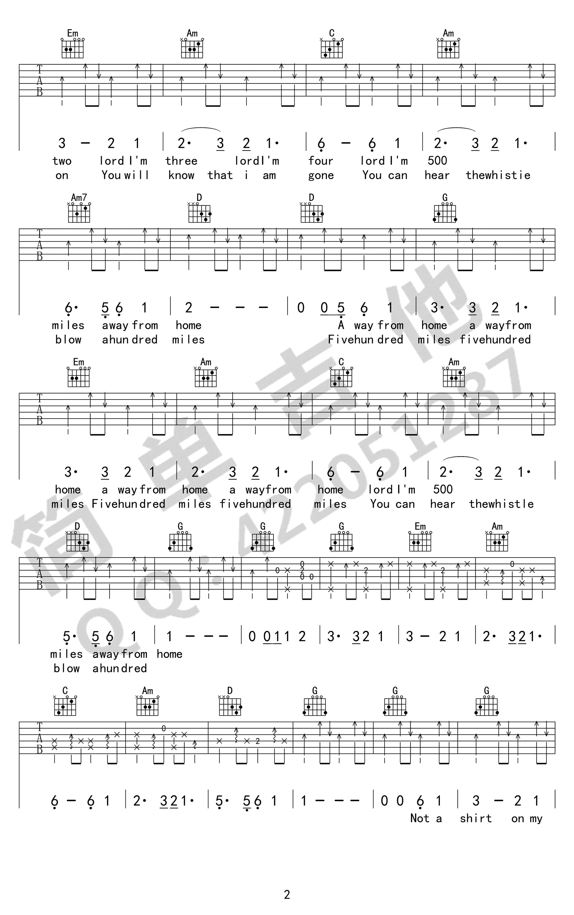 离家五百里吉他谱_G调高清版_编配_四兄弟演唱组