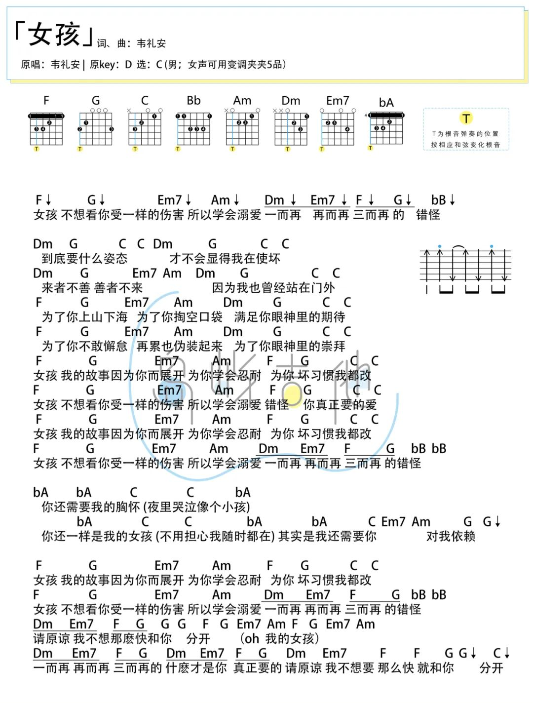 女孩吉他谱_韦礼安_C调简易原版六线谱_附和弦谱