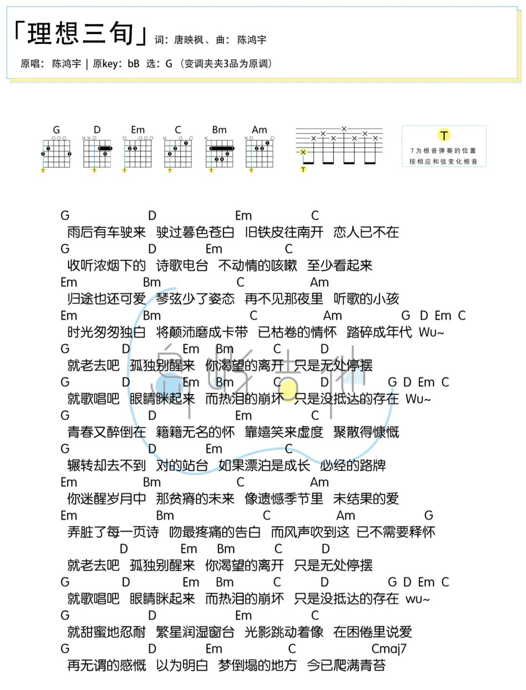 理想三旬吉他谱_陈鸿宇_G调弹唱六线谱_附和弦谱