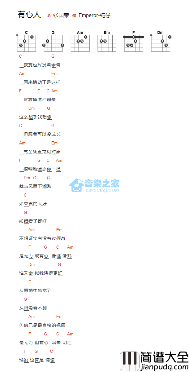 有心人吉他谱_C调和弦谱_音乐之家编配_张国荣